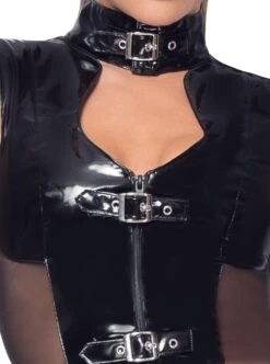 Korte, Nauwsluitende Lakjurk Met Elastische Net-inzetstukken Aan Weerszijden Van Black Level -Rimba Winkel Short tight fitting vinyl dress 28514741022 black level detail