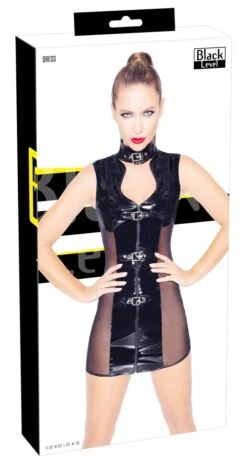 Korte, Nauwsluitende Lakjurk Met Elastische Net-inzetstukken Aan Weerszijden Van Black Level -Rimba Winkel Short tight fitting vinyl dress 28514741032 black level box