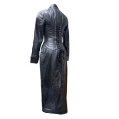 Lange Sexy Zwarte Leren Jas In Korsetstijl